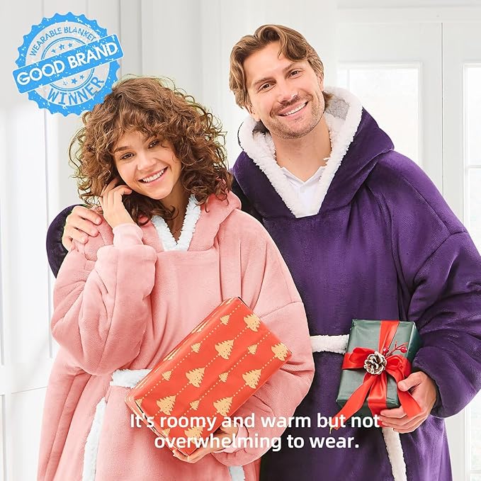 JOYWOO Pink Oversized Wearable Blanket Hoodie,Cat lovers Long Hoodie Blanket for Adult,Birthday Gifts for Women Men Mom,Cozy Sherpa Sweatshirt Hooded Blanket Giant Pocket Gifts,Mellow Rose Oversize