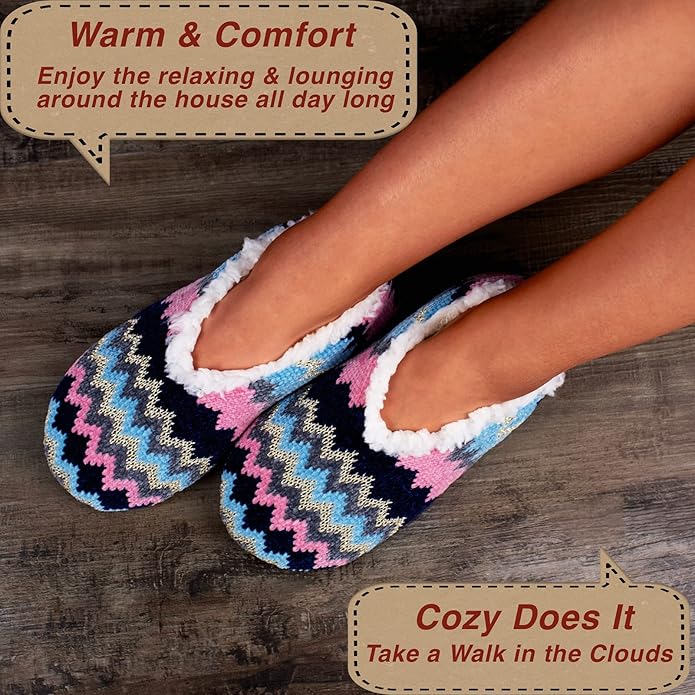 cosyone1997 2-Pair Thick Warm Fuzzy Slippers for Women Indoor Fluffy Sherpa Lined, Winter House Shoe Socks Non-Slip Soft Soles, Cozy Christmas Gifts