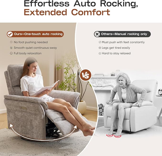 Power Nursery Recliner with Auto Rocking,Oversized Swivel Rocker Recliner with Massage and Heat,Glider Recliner Nursery Chair with Adjustable Headrest for Living Room and Bedroom,Light Grey