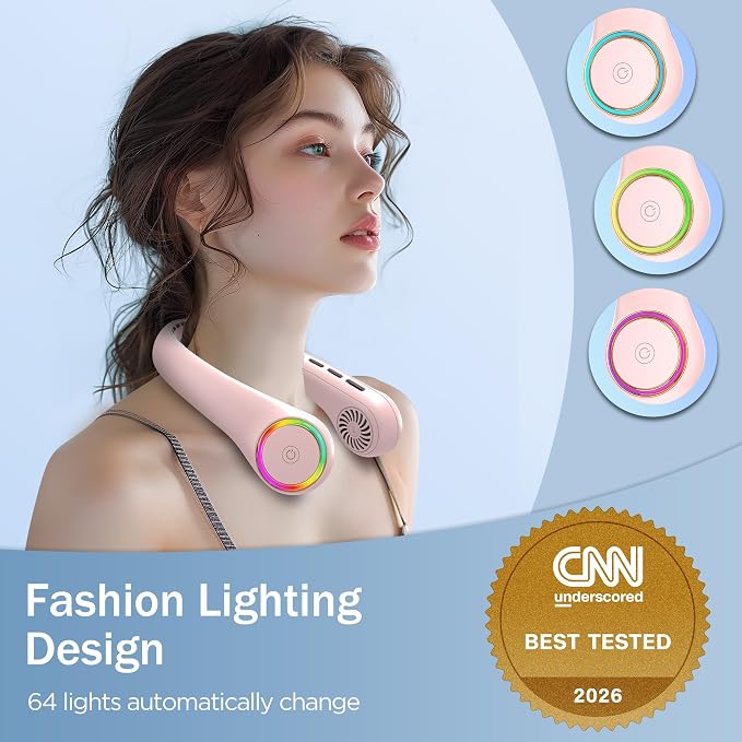 GULAKI Portable Neck Fan, Personal Fan with 4000mAh Battery, Rechargeable Neck Fan with 3 Speeds and 64 Cool Lights, Birthday Gifts for Men Women Mom Dad, Hands Free Cooling fan for Summer(Pink)