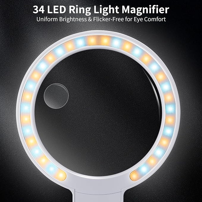 JARLINK Magnifying Glass with Light and Stand, 5.5-Inch Large Magnifier | 5.5-Inch Large Lens with 34 LED and Adjustable Brightness. Handheld and Stand Magnifier for Seniors Reading and Inspection