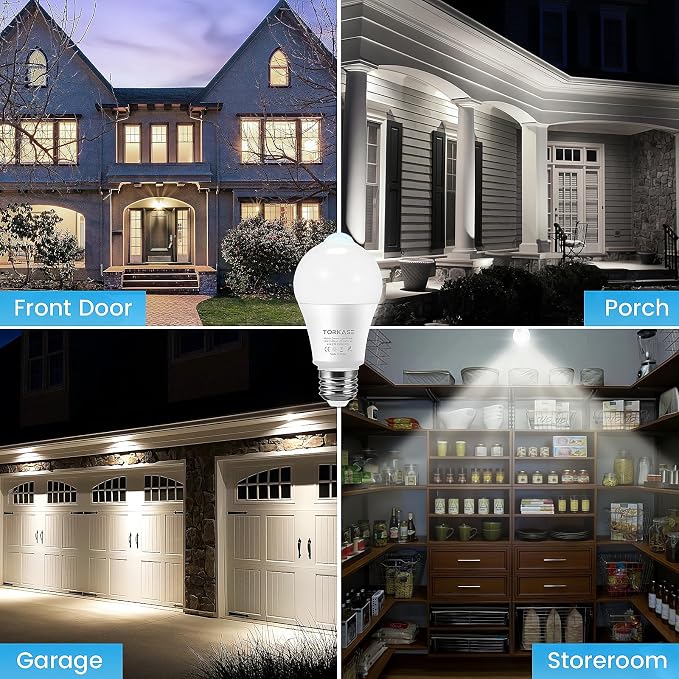 Motion Sensor Light Bulbs, E26 Dusk to Dawn Activated Security | Auto On/Off, Energy-Efficient, for Indoor Outdoor Lighting, Front Door Garage Basement Storage Closet, 120V, 5000K 4Pack