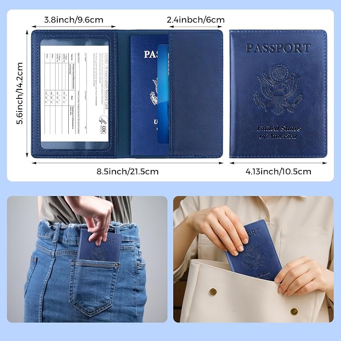 Passport Holder for Travel Men Women - Passport Cover, Passport Wallet Case Travel Essentials Travel Must Haves Accessories Blocking Leather Card Slot Protector for Stocking Stuffers Gifts, Navy Blue