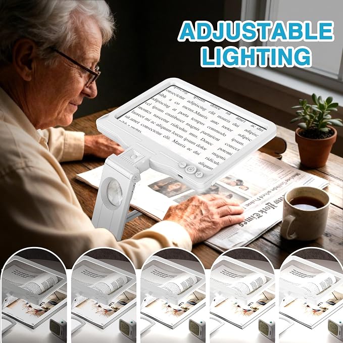 30X 6X Rechargeable Magnifying Glass for Reading, Large Full Page Magnifier with Folding Stand, 3 Color Light Modes, Dimmable LED Lighted, Hands Free Book Magnifier for Low Vision Seniors, White