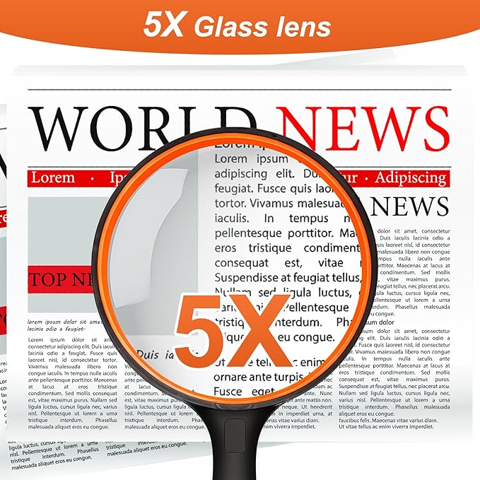 5X Magnifying Glass, 100MM Handheld Reading Magnifier with Non-Slip Soft Handle for Seniors, Book, Newspaper Reading, and Kids Nature Hobby Exploration (Orange)