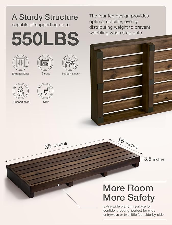 TINAMO One Step Stool for Elderly (35" Length) - Acacia Wood High Riser Step Stool with Non-Slip Pads - 550 Lbs Wooden Mobility Stepping Stools for Handicap, Bed, Bathroom, Kitchen (Walnut) (Patented)