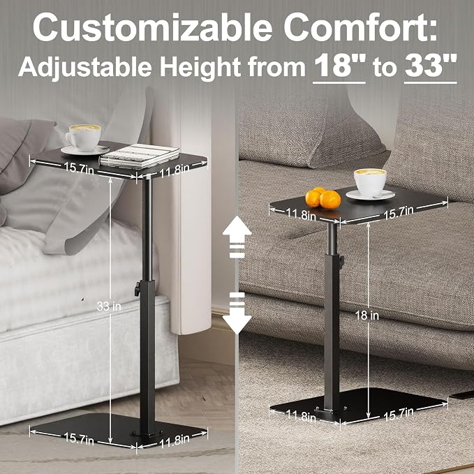 Side Table Sofa Tray for Couch Heavy Metal Base Swivel/Adjustable Height | Sofa Bed Bathroom Study TV Tray C Shaped End Table Food Snack Trays for Eating