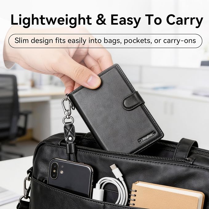 Trackable Passport Holder for Travel, RFID Blocking Wallet, Black | Rechargeable PU leather cover works with Apple Find My and is Apple MFi certified; it includes card storage and a lanyard.