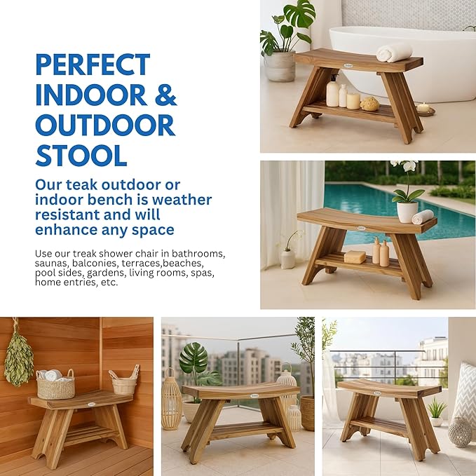 EcoDecors 35 Inch Serenity Teak Shower Bench – Waterproof Bathroom Seat with Large Storage Shelf For Adults & Seniors | Spa-Style Teak Wood Stool with Non-Slip Feet, Elegant Finish, 300 Pound Capacity