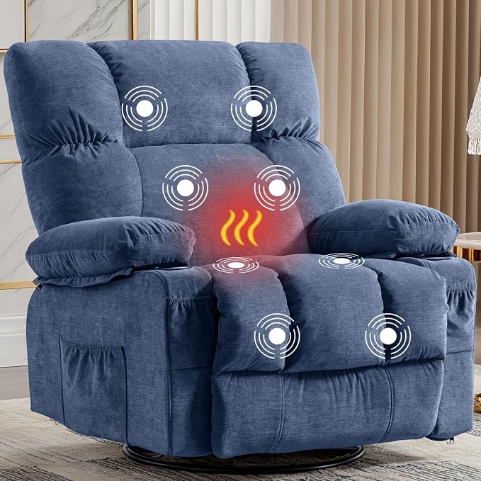 MAHOMICO Oversized Recliner Chair with Massage and Heat, 360° Swivel Rocker | Fabric swivel rocker recliner with ergonomic support, USB charging, cup holders and side pocket for living room