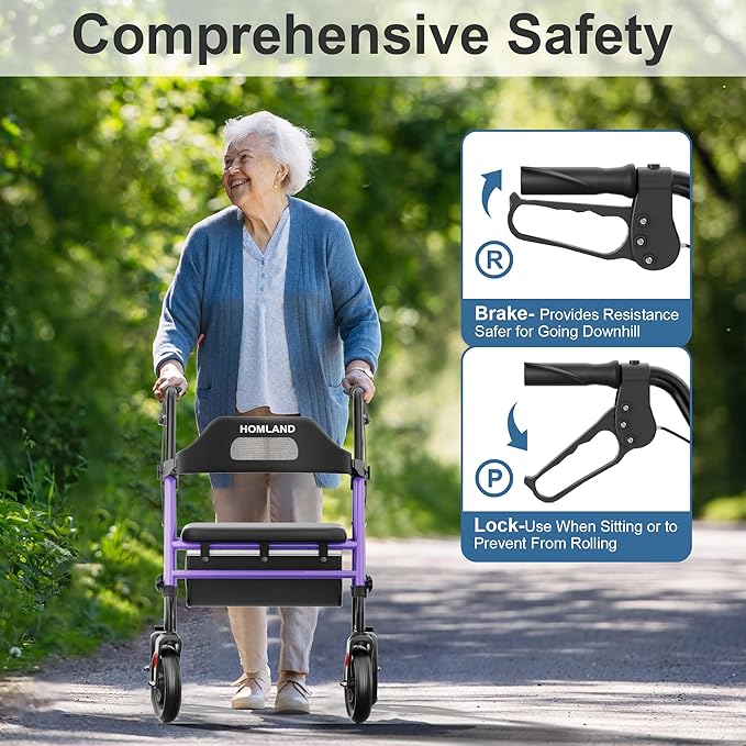 HOMLAND Foldable Rollator Walker with Seat for Seniors, 16" Enlarged Seat | 8" Big Wheels, 16"×12"x1.9" Thick Padded Seat, Adjustable Seat & Handle Height, Tool-Free Assembly, All Terrain Mobility Aid