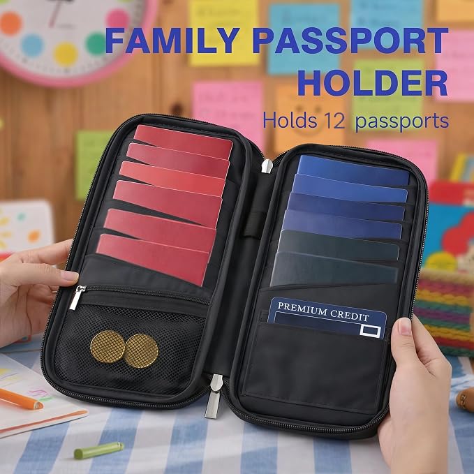 WALNEW Passport Holder Travel Family for 12, RFID Blocking Passport Wallet | Travel Documents Organizer with Zipper, for Cards, Cash, Boarding Passes, Tickets, International Travel Essentials