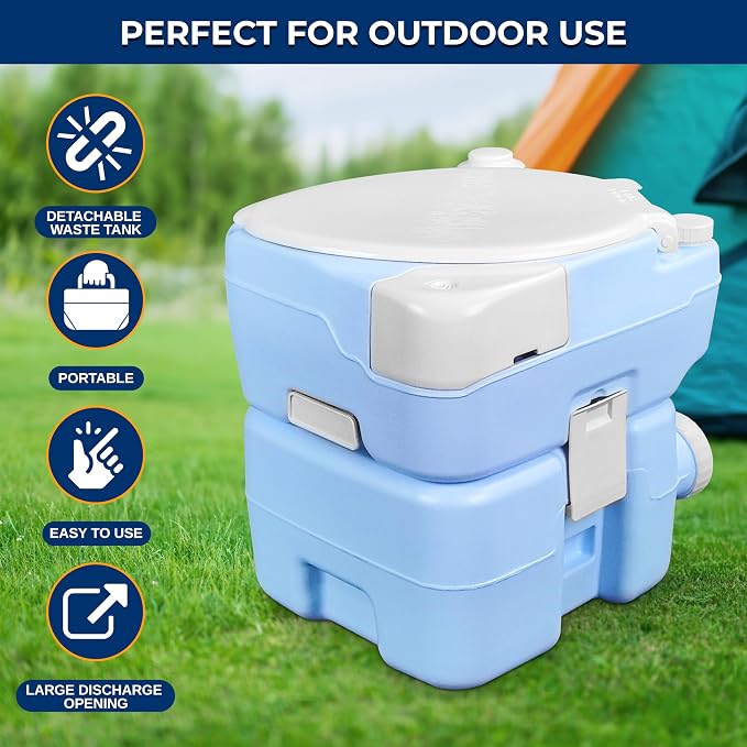 SereneLife 5.3 Gal Portable Toilet with Extra Large Seat, Moonwhite | 20L Waste Tank, 12L Fresh Water Capacity, 100+ flushes, hand sprayer & phone holder for camping, RVs, boating & emergency use