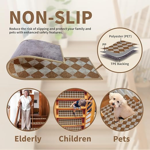 Non Slip Stair Treads for Wooden Steps, 4 Pack 8"x30" Washable Carpet | 8x30 in soft chenille polyester stair treads with reusable TPE backing for indoor wood stairs, dogs, kids, and seniors