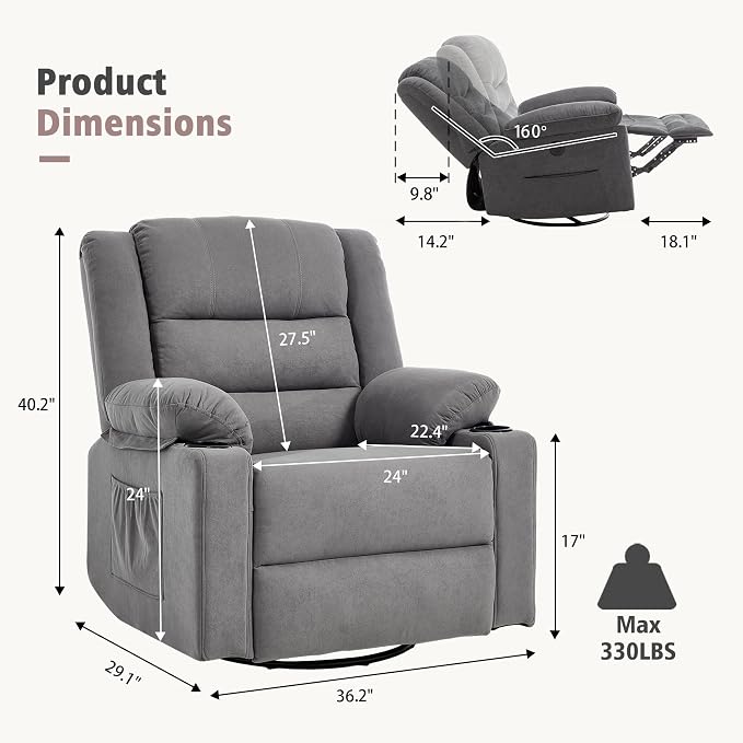 Ketaiyou Swivel Rocker Recliner Chair for Adults with Massage and Heat, Cup Holders and Side Pockets, Glider Rocking Reclining Single Sofa Chair for Living Room (Grey2)