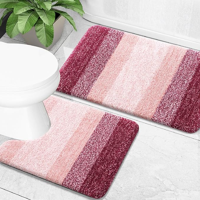 OLANLY Bathroom Rug Set 2 Piece, Soft Absorbent Microfiber Bath Mats and U-Shaped Contour Toilet Rug, Non-Slip, Machine Wash Dry, Plush Shaggy Bath Mats for Bathroom (30"x20"+U24 x20, Red)