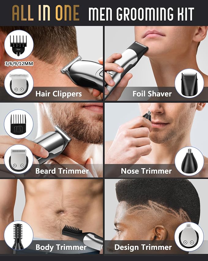 Ufree Beard Trimmer for Men, Waterproof Electric Razor, Grooming Kit | Stainless steel blades, six interchangeable heads, wet and dry use, USB rechargeable, for face body nose ear trimming, silver