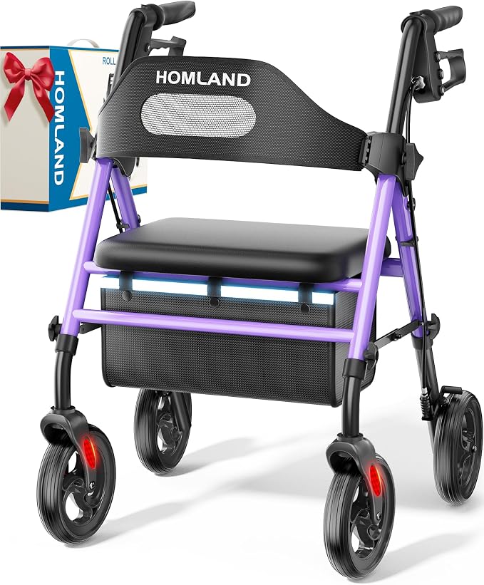 HOMLAND Foldable Rollator Walker with Seat for Seniors, 16" Enlarged Seat | 8" Big Wheels, 16"×12"x1.9" Thick Padded Seat, Adjustable Seat & Handle Height, Tool-Free Assembly, All Terrain Mobility Aid