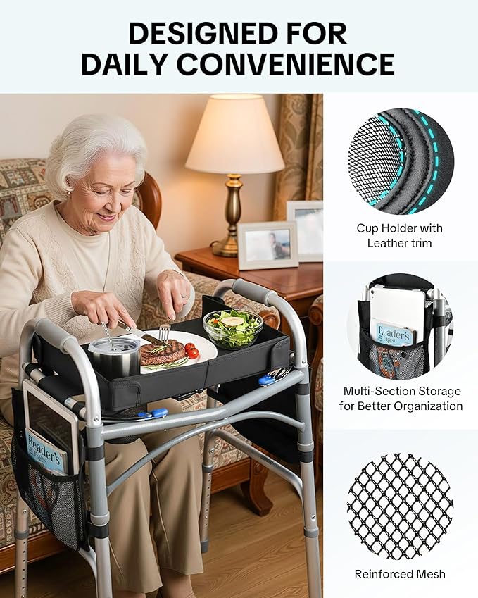 Walker Tray for Folding Walker, Side Pockets & Cup Holder | Fits 17–19" Folding Walkers with Side Bars, Easy Install, Adjustable Straps, Spill-Resistant Surface, Lightweight for Seniors