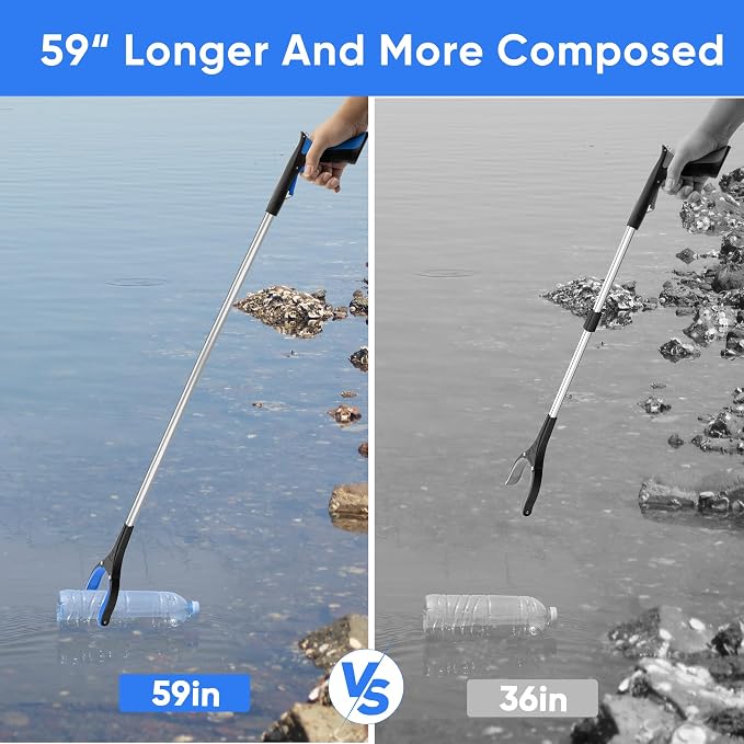 59 INCH Extra Long Grabber Reacher Tool，Trash Picker Pick Up Stick with Strong Grip Magnetic，360°Rotating Anti-Slip Jaw 4" Wide Claw Opening,Hand Grabber (BlueSilver, 59 Inch)