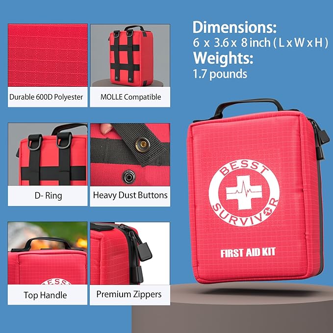 Besst Survivor Premium First Aid Kit with Labelled Compartments, Waterproof & Organized Molle Medical Kit for Home, Car, Hiking, Camping, Travel & Roadside Emergencies and Everyday Safety