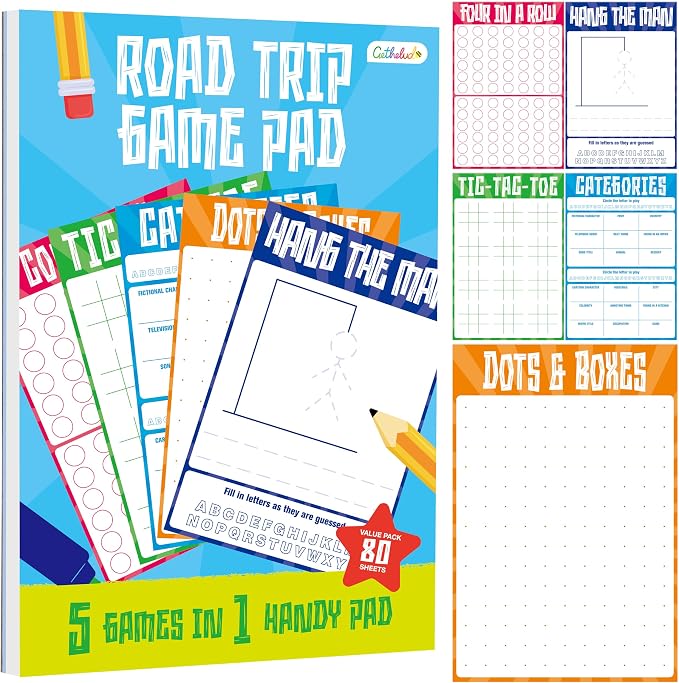 Gethelud Road Trip Game Pad, 80 Tear-Off Sheets 5 Classic Games in 1 Pad, Dots & Boxes, Tic-tac-Toe, Categories, Plane Travel, Car Trip Activity, Pen Pencil & Paper Game for Kids, Adults (4” x 6”)
