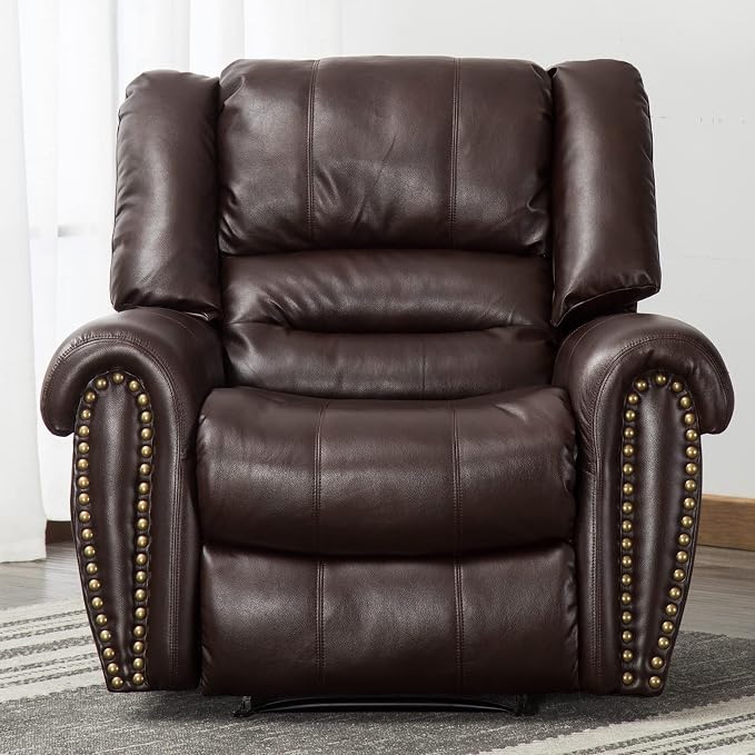 Leather Recliner Chair, Classic and Traditional Manual Recliner Chair with Comfortable Arms and Back Single Sofa for Living Room, Brown