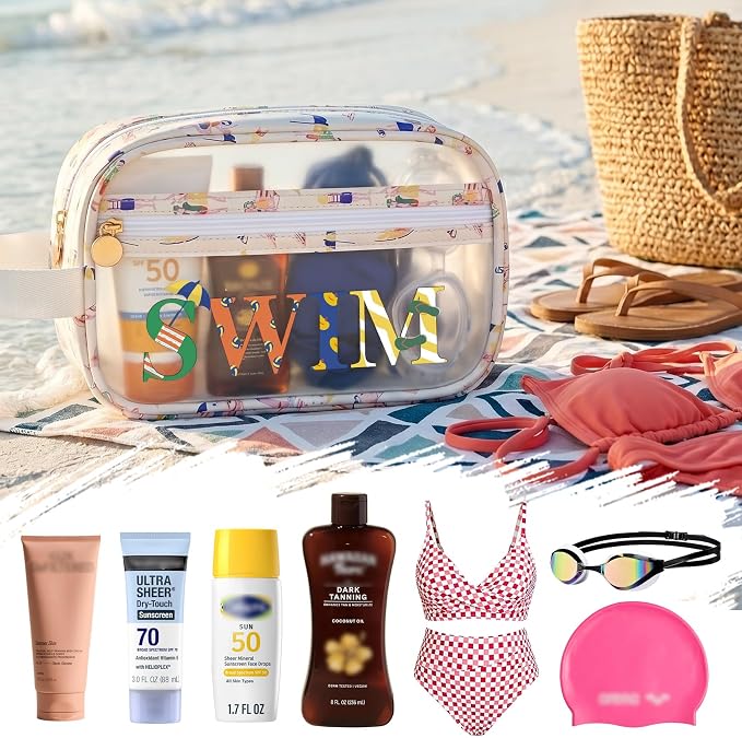 COSHAYSOO Clear SWIM Bag Swimming Pool Accessories Cute Swimmer Team Gifts for Women Teen Girls Bikini Swimsuit Goggle Cap Sunscreen Makeup Storage, Waterproof Beach Vacation Summer Travel Essentials