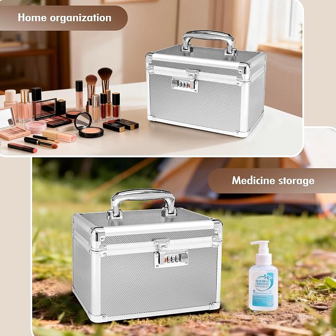 Silver Medication Combination Lock Boxes with Code for Personal Items, Medicine Lockbox for Documents 9.76 x 6.02 x 7.48 Inches Colorful Small