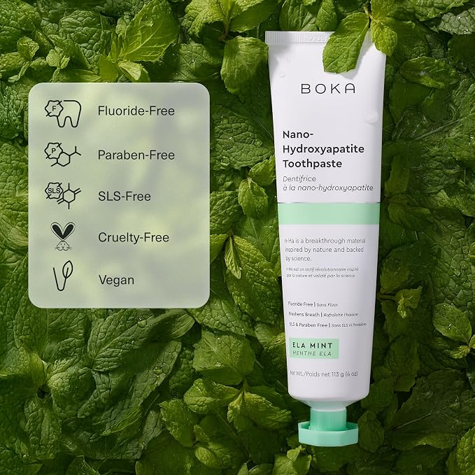 Boka Fluoride Free Toothpaste, Nano Hydroxyapatite Toothpaste, Appropriate for Sensitive Teeth - for Adult Oral Care - Ela Mint Flavor, 1.3 Fl Oz 2Pk