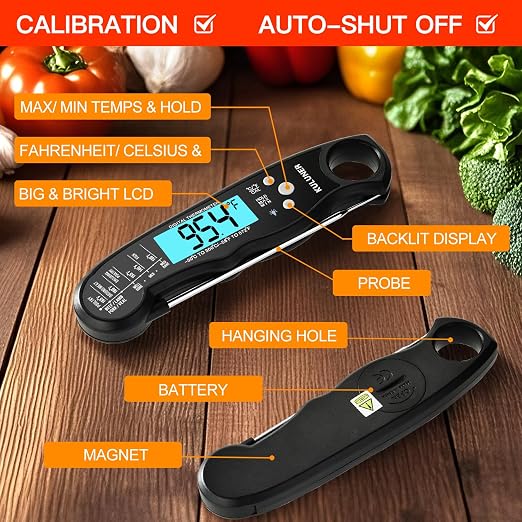 Digital Meat Thermometer Instant Read, Waterproof Probe with Backlight & Calibration, Ultra Fast 2-3s Reading, Stainless Steel Kitchen Food Thermometer for Grilling BBQ Cooking Candy - Black