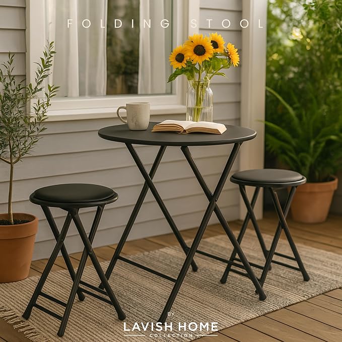 Lavish Home Folding Stool with Padded Backless Seat Set of 2, Black, 24” | Counter Height Bar Stools with 225lb Capacity, Portable Indoor & Outdoor, Extra Seat for Kitchen, Rec Room or Camping