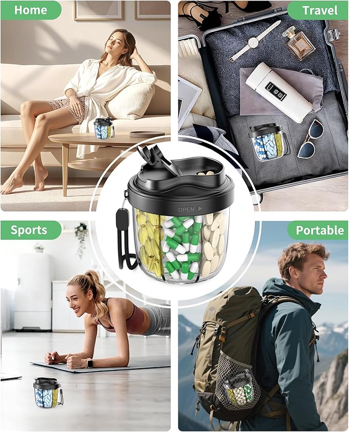 Pill Organizer,Pill Dispenser with 7 Large Compartments,Portable Pill Box for Travel Essentials,Anti-Mix Design & Wide Opening Design,Easy Access to Vitamin Dispenser,Includes 20 Blank Stickers（Black）