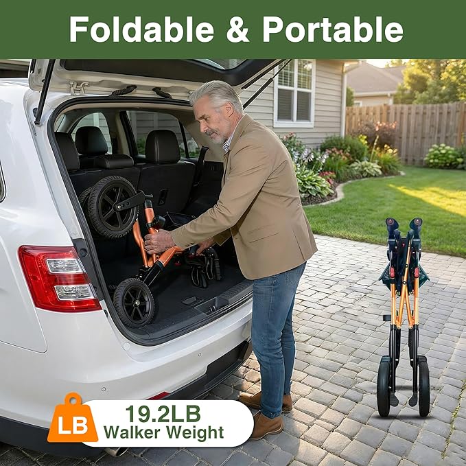 Walkers for Seniors, Rollator Walker with Seat, 12" Big Rubber Wheels All Terrain Rolling Walker with Backrest, Foldable Rollator Walker, Reinforced Aluminum Frame, Built-in Cable, Orange