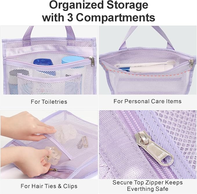 Small Mesh Shower Caddy Portable - Zipper Gym Shower Bag for Travel, Purple | 3 Pockets, Quick-Dry Mesh, S-Hook, Hanging Shower Caddy for Toiletry Essentials, Bathroom & Camping
