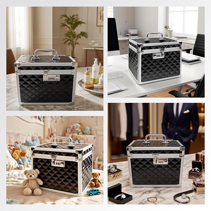Medication Combination Lock Boxes with Code for Personal Items, Medicine Lockbox for Documents 10 x 7.25 x 7.75 Inches Plaid Black