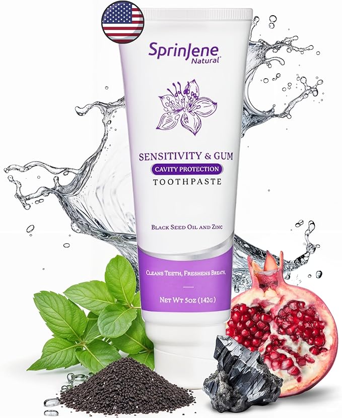 SprinJene Natural Sensitivity & Gum Fluoride Toothpaste – Sensitive Teeth Relief & Cavity Protection – SLS Free Natural Toothpaste with Black Seed Oil & Zinc – Made in The USA (1 Pack)