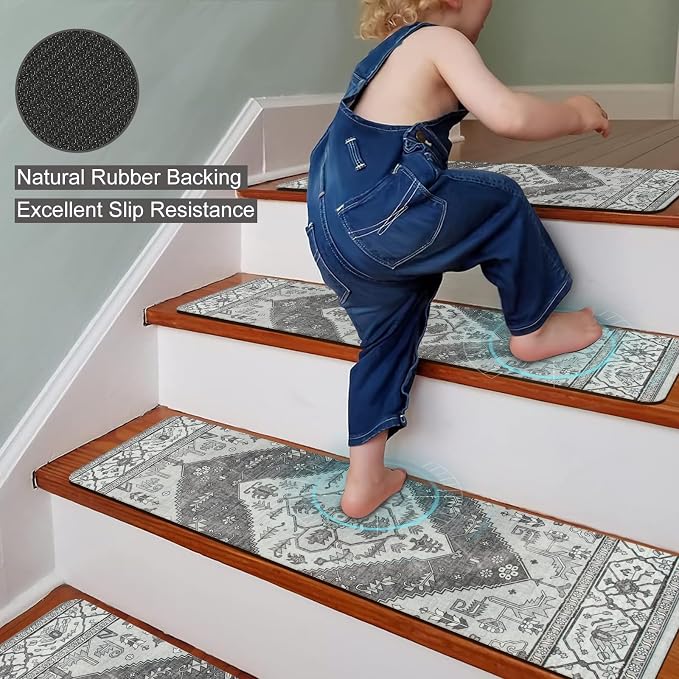 OJIA Extra Non-Slip Stair Treads for Wooden Steps Indoor 15PC Stair Runners | 30"X8" Slip Resistant Stair Rugs Safety Mats for Dogs, Kids & Elders, Rubber Backed Stair Treads Stair Covers, Gray