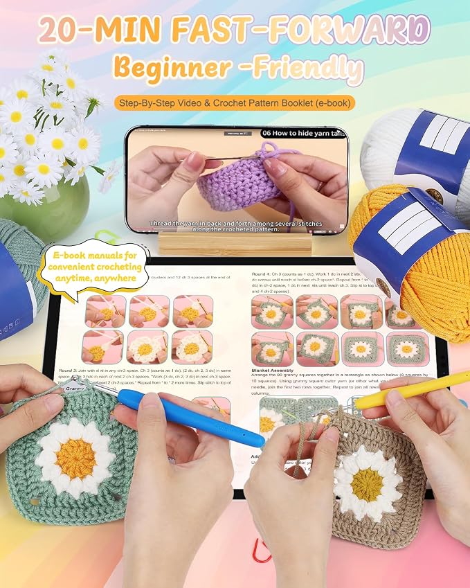 Coopay Crochet Kit for Beginners, Easy Granny Square Crochet Blanket Kit | Crochet Kit W/Video Tutorial & Digital Instructions, All Accessories Included, Easy Knitting to Create Granny Square Blanket