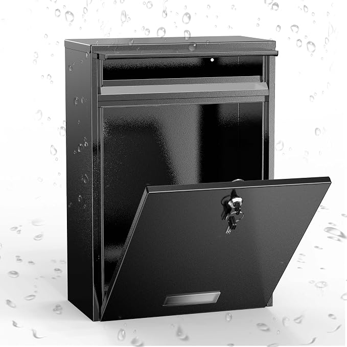 Wall Mounted Locking Mailbox for Outside, Heavy Duty Steel Black | Large capacity wall mounted mailbox, fits letters, magazines, parcels, waterproof design with secure lock