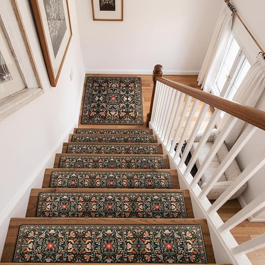 OJIA Floral Stair Treads for Wooden Steps 31"x31" Stair Runner Landing Mat | Indoor Stair Treads Non-Slip Stair Runner Stair Mats Staircase Step Treads for Kids, Elders and Dogs, Stair Covers, Black