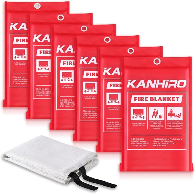 kanhiro Fire Blanket Emergency for Home Kitchen - Fiberglass Fire Suppression Blanket Great for School, Fireplace, Grill, Car, Office, Warehouse (6 Pack, 39 in X 39 in)