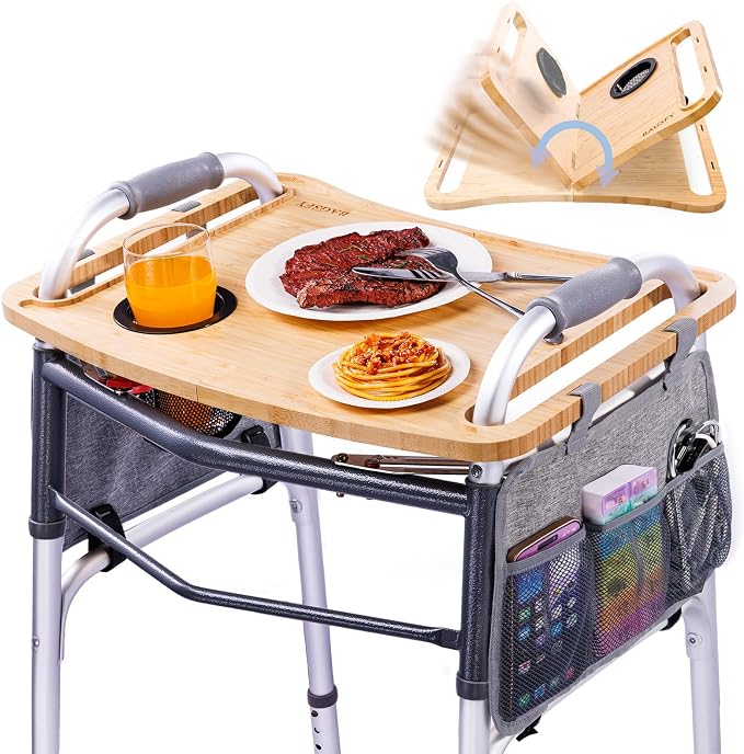 Walker Tray Table with Side Pockets & Cup Holder for Folding Walkers, Foldable Bamboo Walker Tray for Seniors, Stable Walker Accessories with Raised Edges for Meals, Drinks, Reading &Daily Living
