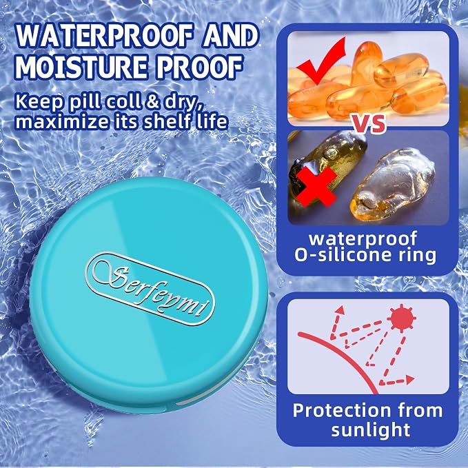 Serfeymi Small Pill Case for Purse, Unique Artistic Patterns Travel Pill Box with 3 Compartments, Portable Mini Pill Organizer for Pocket, Decorative Pill Container for Purse - Light Blue(Logo)