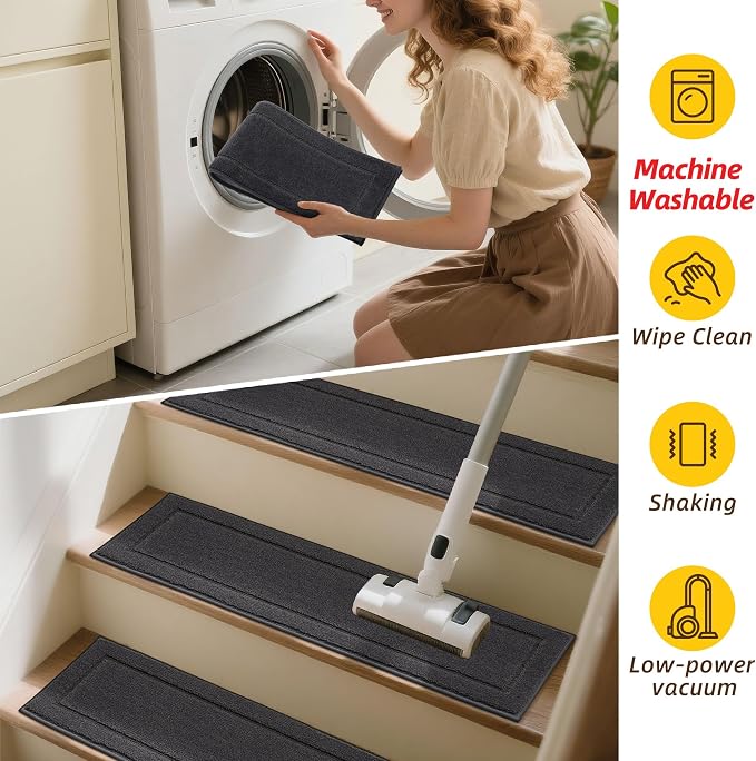 JSEI Stair Treads for Wooden Steps Indoor, 4-Pack, 30" x 8", Dark Grey | Non Slip Stair Treads, Washable Polyester Stair Mats with TPE Backing, Low Profile Stair Rugs for Kids, Seniors and Dogs