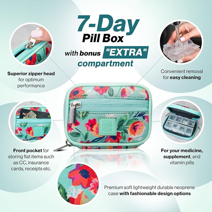 Made Easy Kit Pill Case - Weekly Medicine Organizer with Removable Seven-Day Vitamin & Supplement Box - Premium Neoprene for Travel Purse Accessory (Teal Purple)