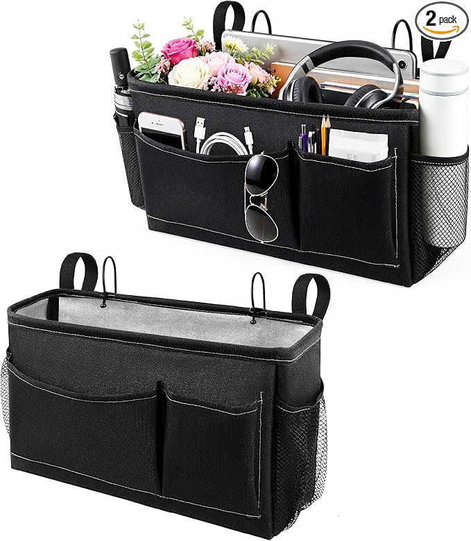 Bedside Caddy for Dorm Bed, Bedside Storage Bag Hanging Organizer | Metal Frame, Water-Resistant Lining, Fits Bed Rails up to 2.2 In, Adjustable Straps, Bunk and Hospital Beds(2 Pack, Black)