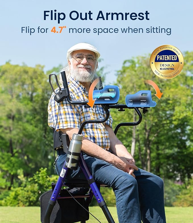 VOCIC Walkers for Seniors, Upright Walker with Adjustable Armrests, Z22 GelCool Stand Up Walker with Ergo Seat & Backrest, 8" All Terrain Rollator with 300lb,Cup& Cane Holder