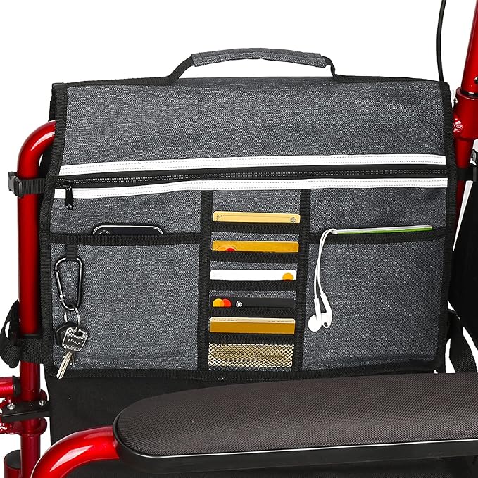 Wheelchair Storage Bag, Double-Sided Armrest Pouch with Cup Holder and Reflective Strip, for Wheelchairs and Walkers (Black)