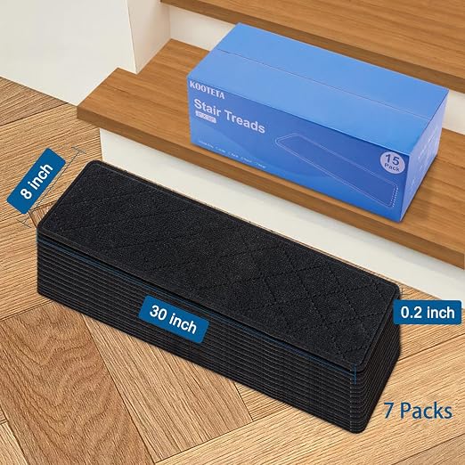Stair Treads for Wooden Steps Indoor, 7 Pack 8" X 30" Non Slip Carpet Stair Treads with Reusable Adhesive for Elders and Dogs, Surface Polyester TPR Backing Stair Rugs,Black